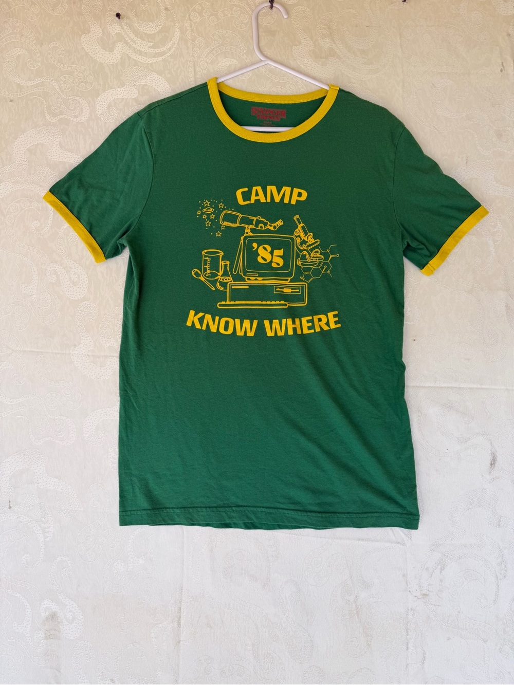 Camp Know Where '85 Green Short-Sleeve Ringer Tee — Yellow Trim
